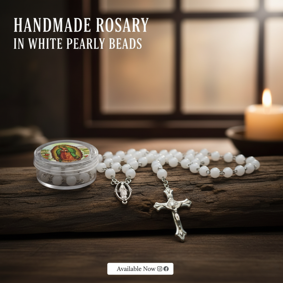 HANDMADE ROSARY IN WHITE PEARLY BEADS