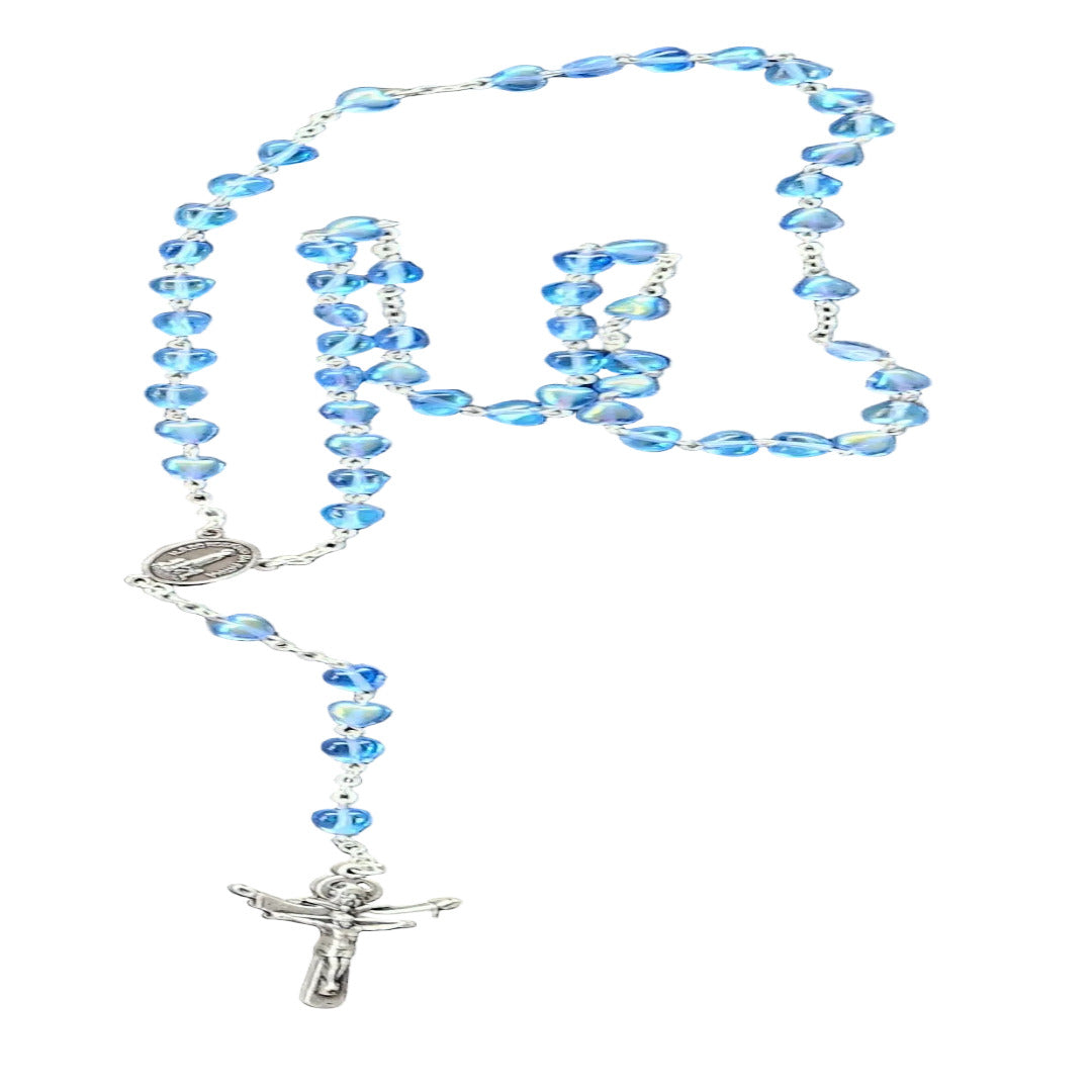 SILVER ROSARY WITH BLUE HEART SHAPE BEADS