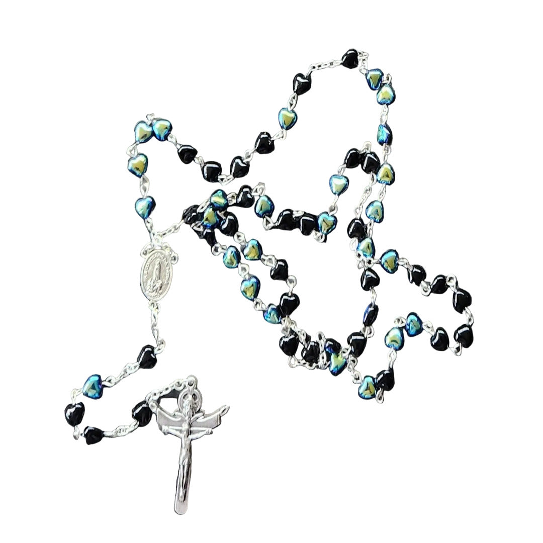 SILVER ROSARY WITH BLACK BLUE HEART SHAPE BEADS