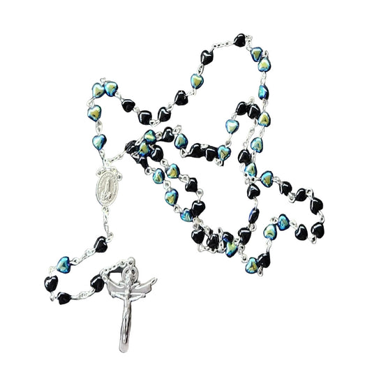 SILVER ROSARY WITH BLACK BLUE HEART SHAPE BEADS