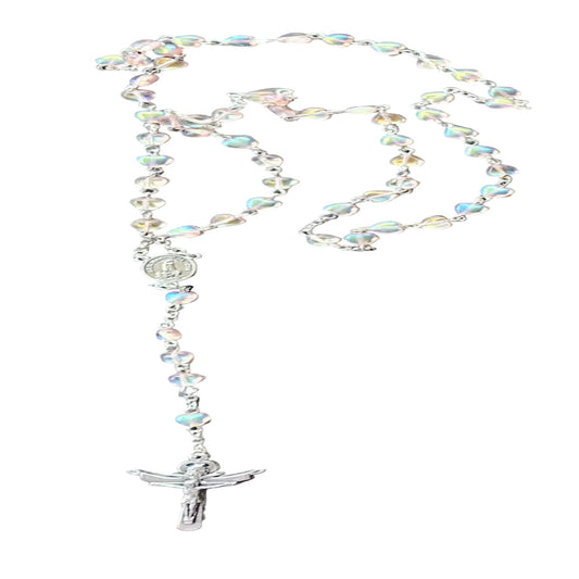 SILVER ROSARY WITH LIGHT PINK HEART BEADS