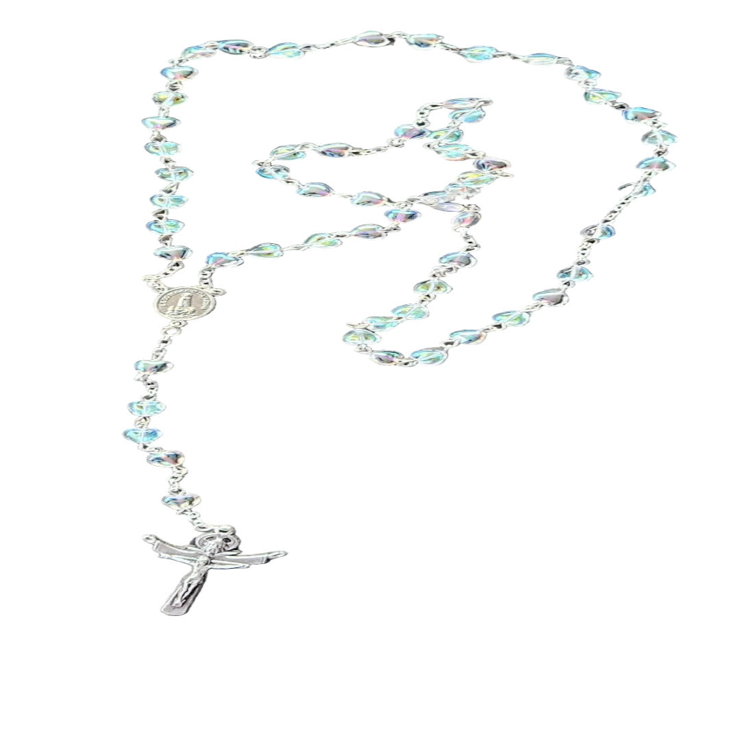 SILVER ROSARY WITH CRYSTAL HEART SHAPE BEADS