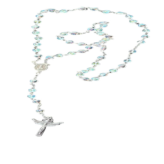 SILVER ROSARY WITH CRYSTAL HEART SHAPE BEADS