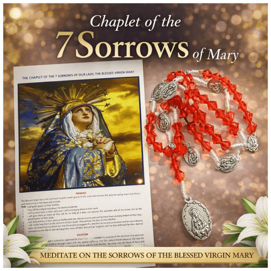 THE CHAPLET OF THE SEVEN DOLOURS OF OUR LADY IN HANDMADE CORD ROSARY WITH PRAYER CARD