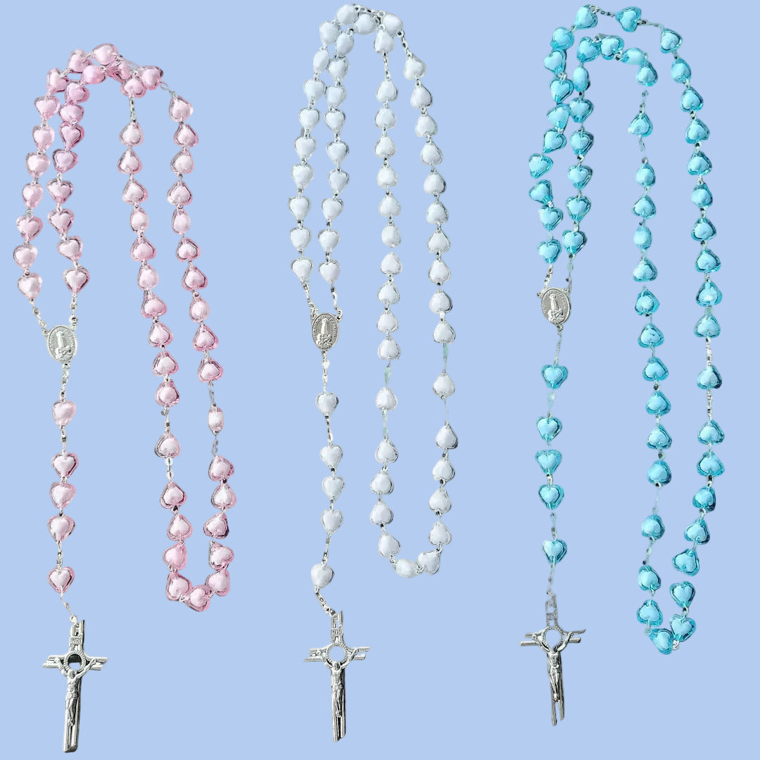 SILVER LONG ROSARY WITH LARGE HEART SHAPE BEADS