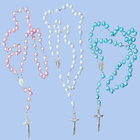 SILVER LONG ROSARY WITH LARGE HEART SHAPE BEADS