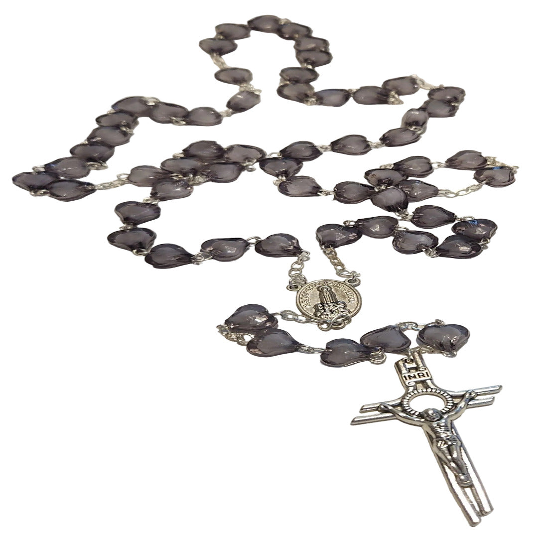 SILVER LONG ROSARY WITH LARGE BLACK HEART SHAPE BEADS