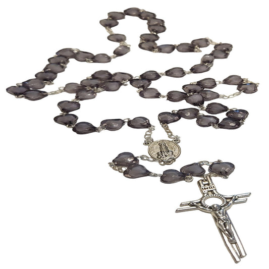 SILVER LONG ROSARY WITH LARGE BLACK HEART SHAPE BEADS