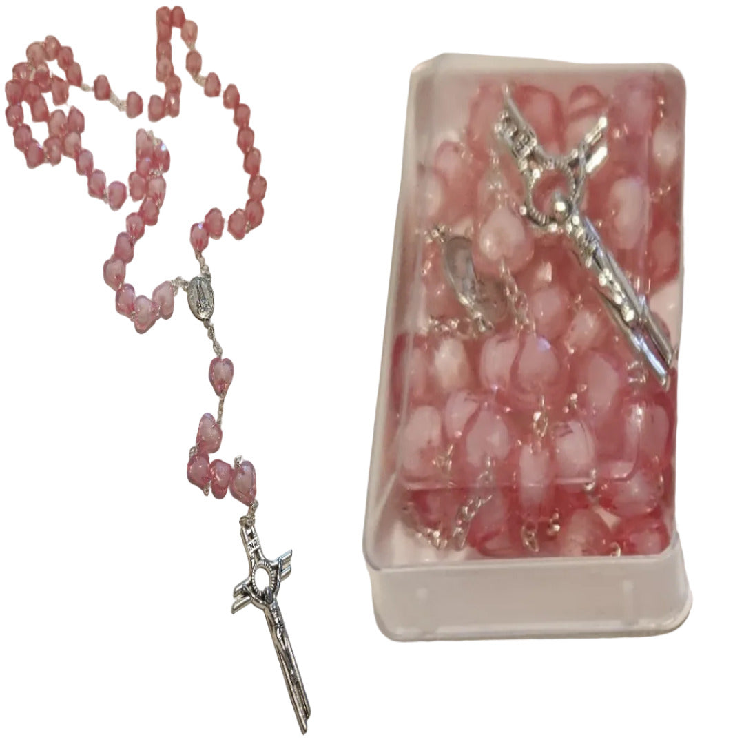 SILVER LONG ROSARY WITH LARGE PINK HEART SHAPE BEADS