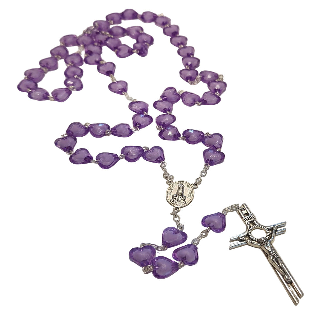 SILVER LONG ROSARY WITH LARGE PURPLE HEART SHAPE BEADS