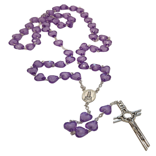SILVER LONG ROSARY WITH LARGE PURPLE HEART SHAPE BEADS