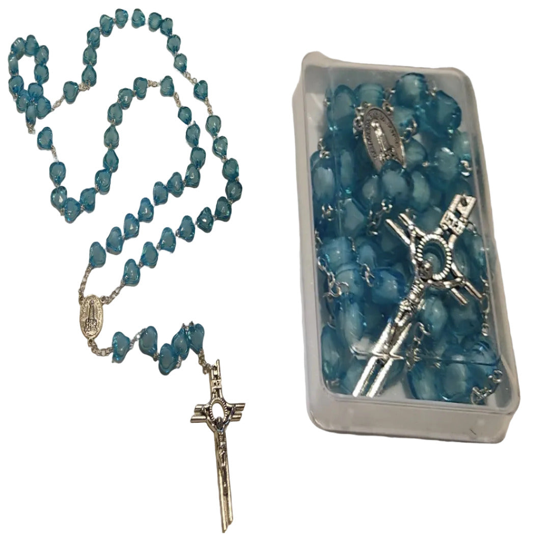 SILVER LONG ROSARY WITH LARGE BLUE HEART SHAPE BEADS