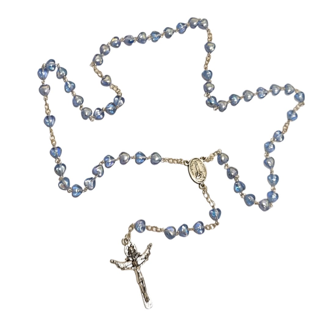 SILVER SKY BLUE HEART SHAPE ROSARY