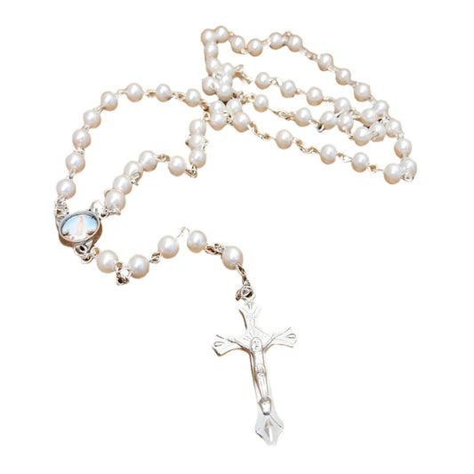 SILVER ROUND PEARLY BEADS ROSARY