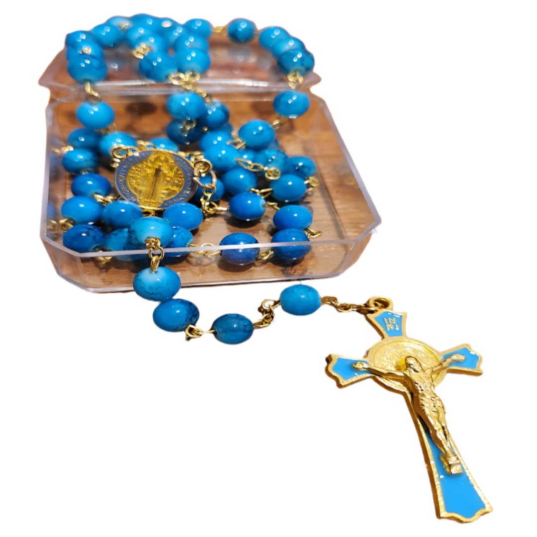 GOLDEN AQUA BLUE GLASS BEADS ROSARY