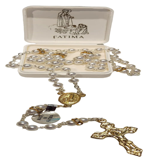 HANDMADE OUR LADY OF FATIMA ROSARY IN PEARLY BEADS GOLD STRASS