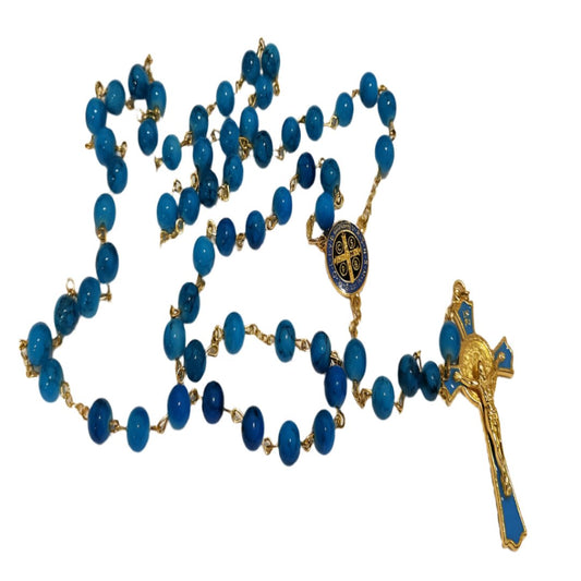 GOLDEN AQUA BLUE GLASS BEADS ROSARY