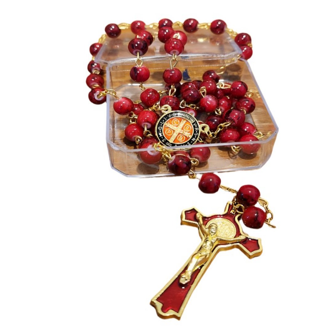 GOLDEN RED GLASS BEADS ROSARY