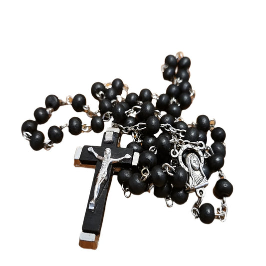 BLACK WOOD BEADS LONG ROSARY