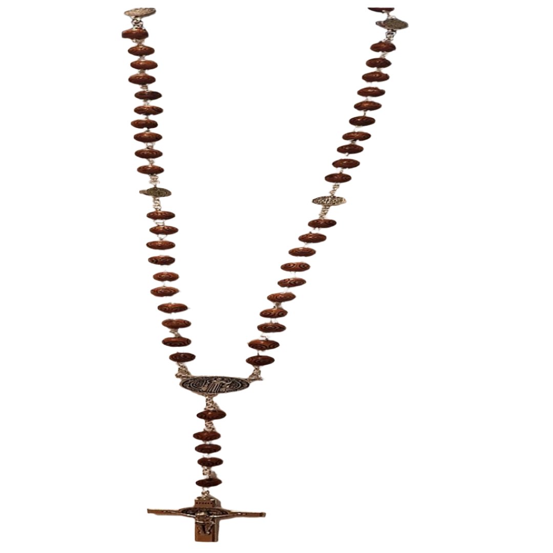 ROSE BROWN WOOD BEADS LONG ROSARY