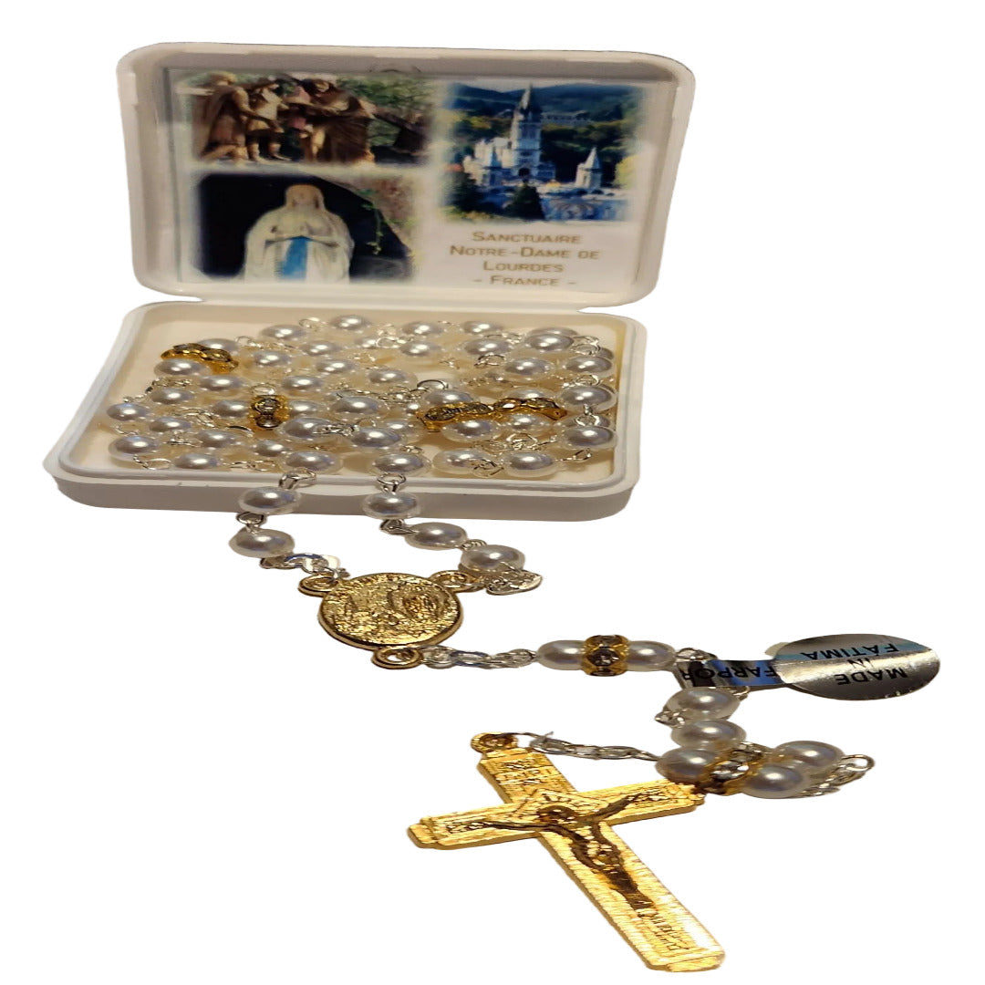 HANDMADE OUR LADY OF LOURDES ROSARY IN PEARLY BEADS GOLD STRASS
