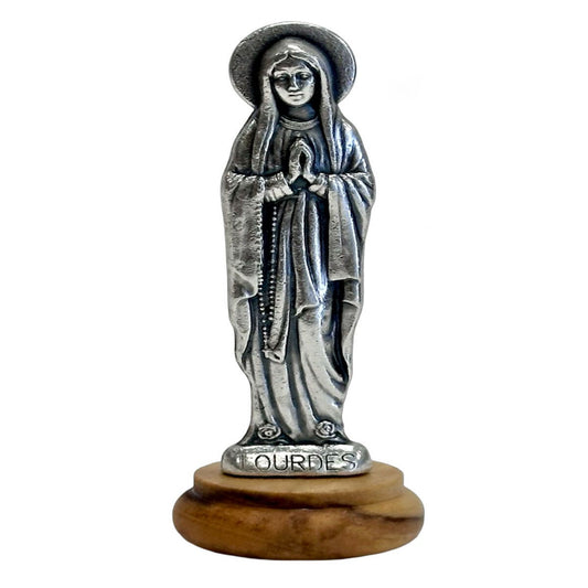 OUR LADY OF LOURDES MINI-STATUETTE ON WOOD BASE