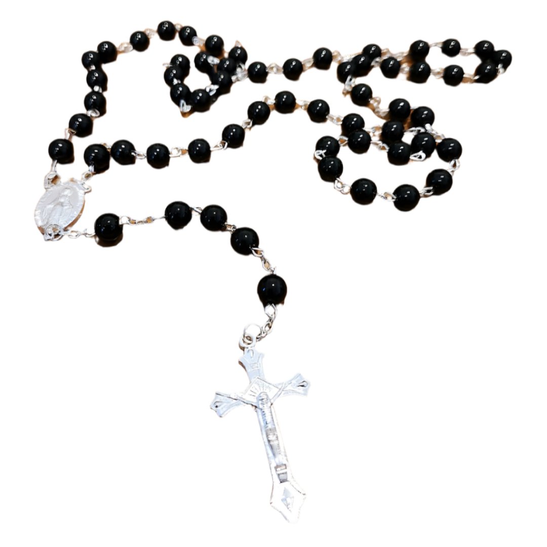 SILVER ROUND BLACK BEADS ROSARY