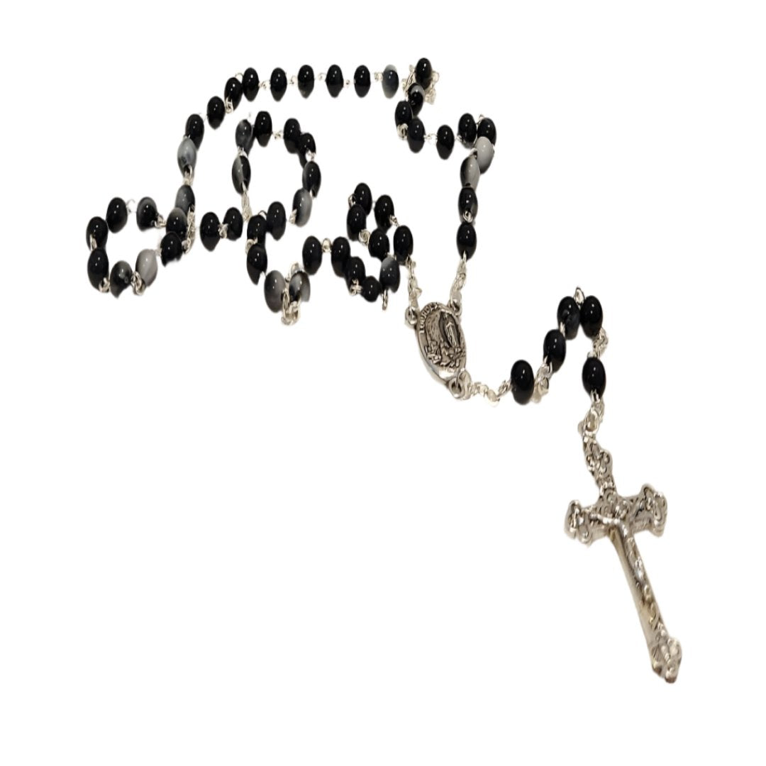 SILVER SMALL ROUND BLACK BEADS ROSARY