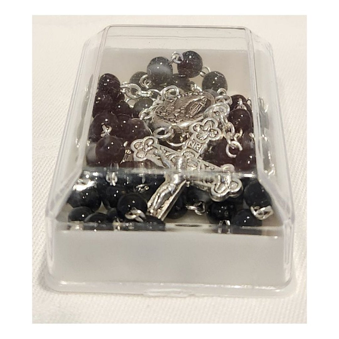 SILVER SMALL ROUND BLACK BEADS ROSARY