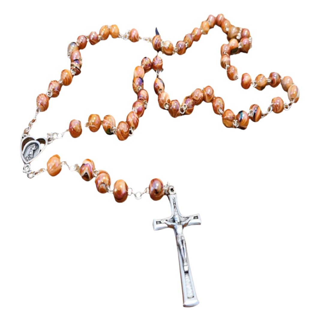 SILVER ORANGE SWIRL BEADS ROSARY