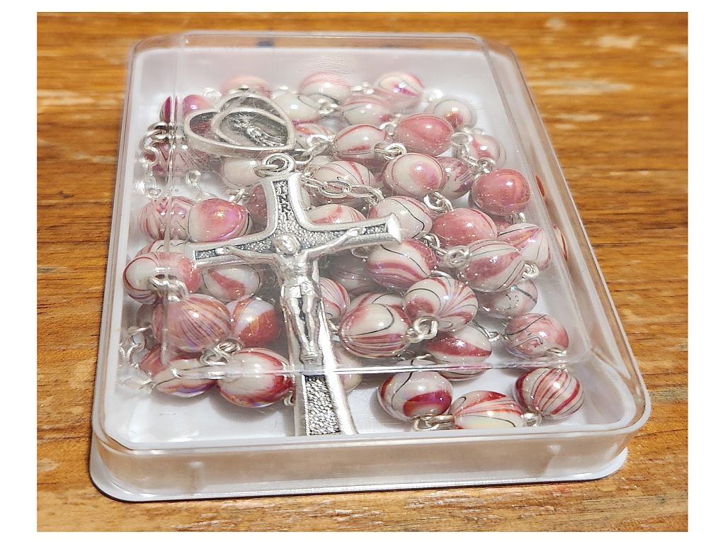 SILVER RED SWIRL BEADS ROSARY