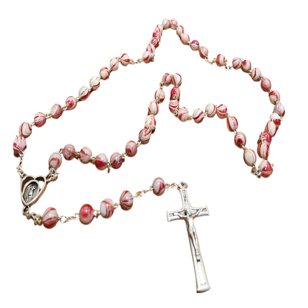 SILVER RED SWIRL BEADS ROSARY