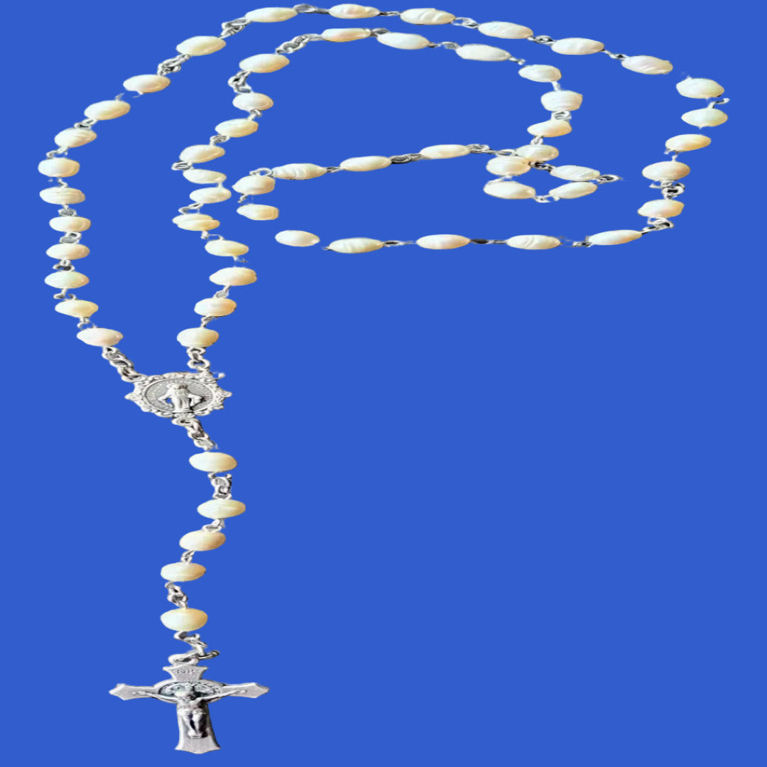 HANDMADE SILVER ROSARY IN FRESHWATER PEARL BEADS