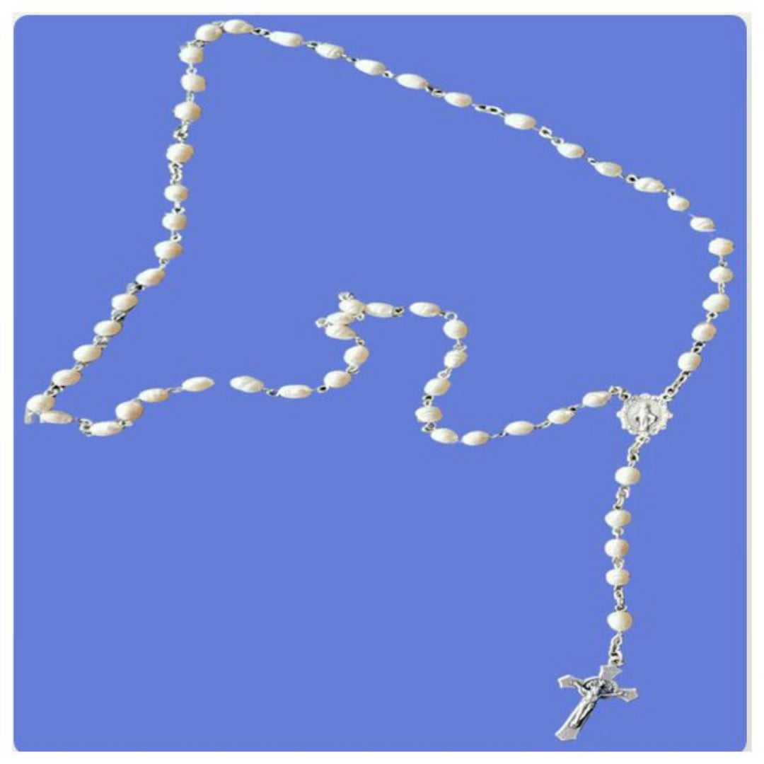 HANDMADE SILVER ROSARY IN FRESHWATER PEARL BEADS