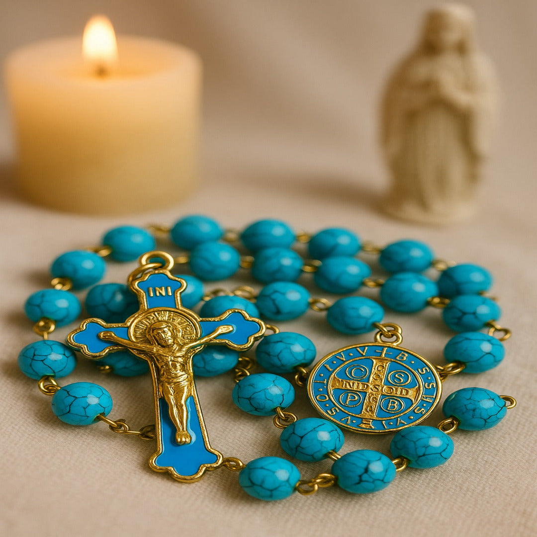 GOLDEN TURQOUISE GLASS BEADS ROSARY
