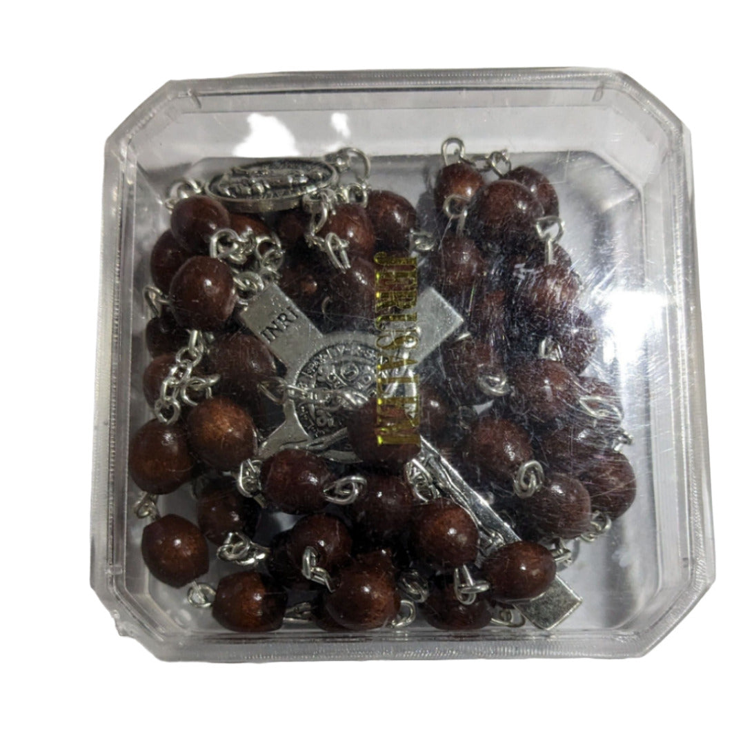 ST BENEDICT BROWN WOOD BEADS ROSARY