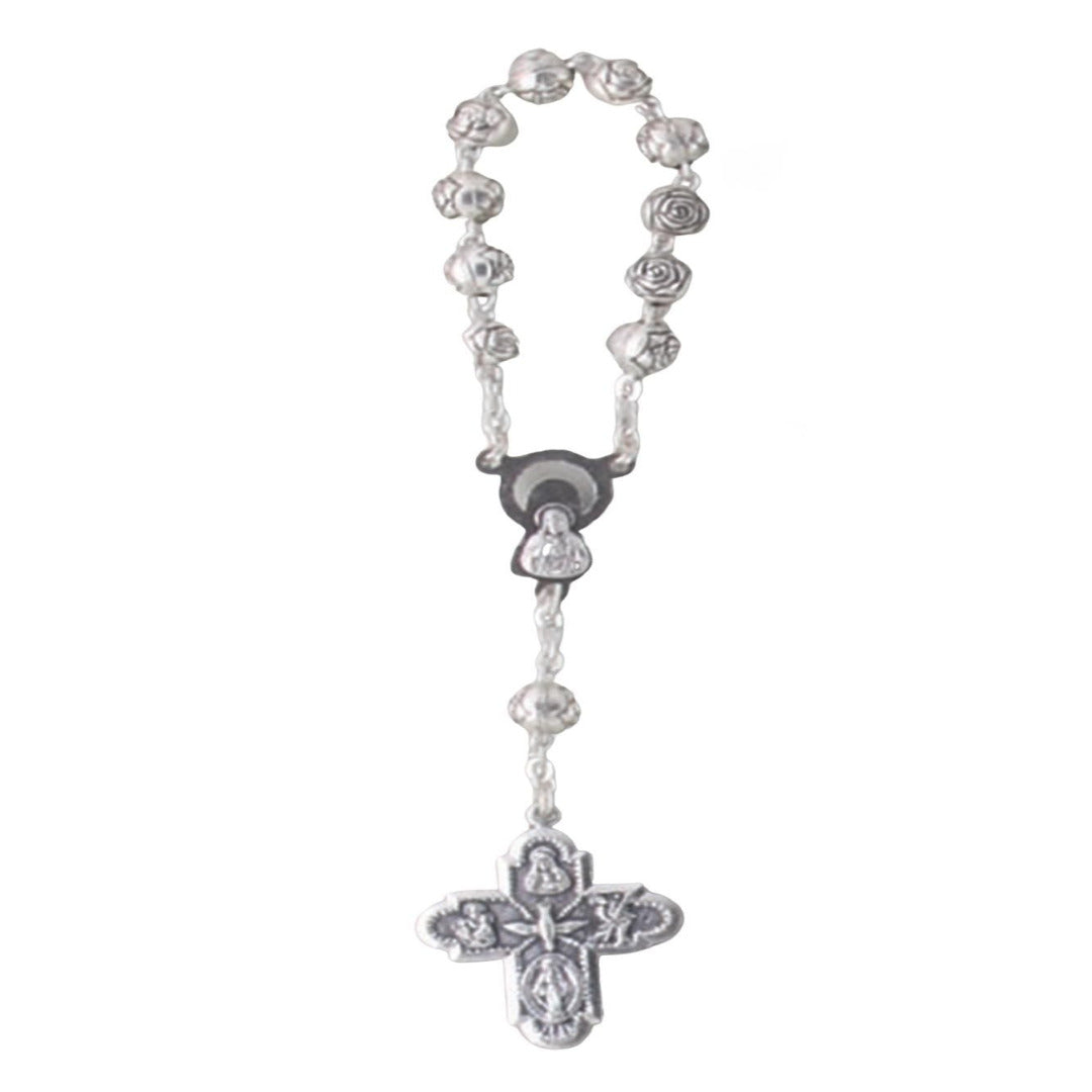 SILVER ROSARY RING  WITH CRYSTAL ROSE BEADS AND CRUCIFIX
