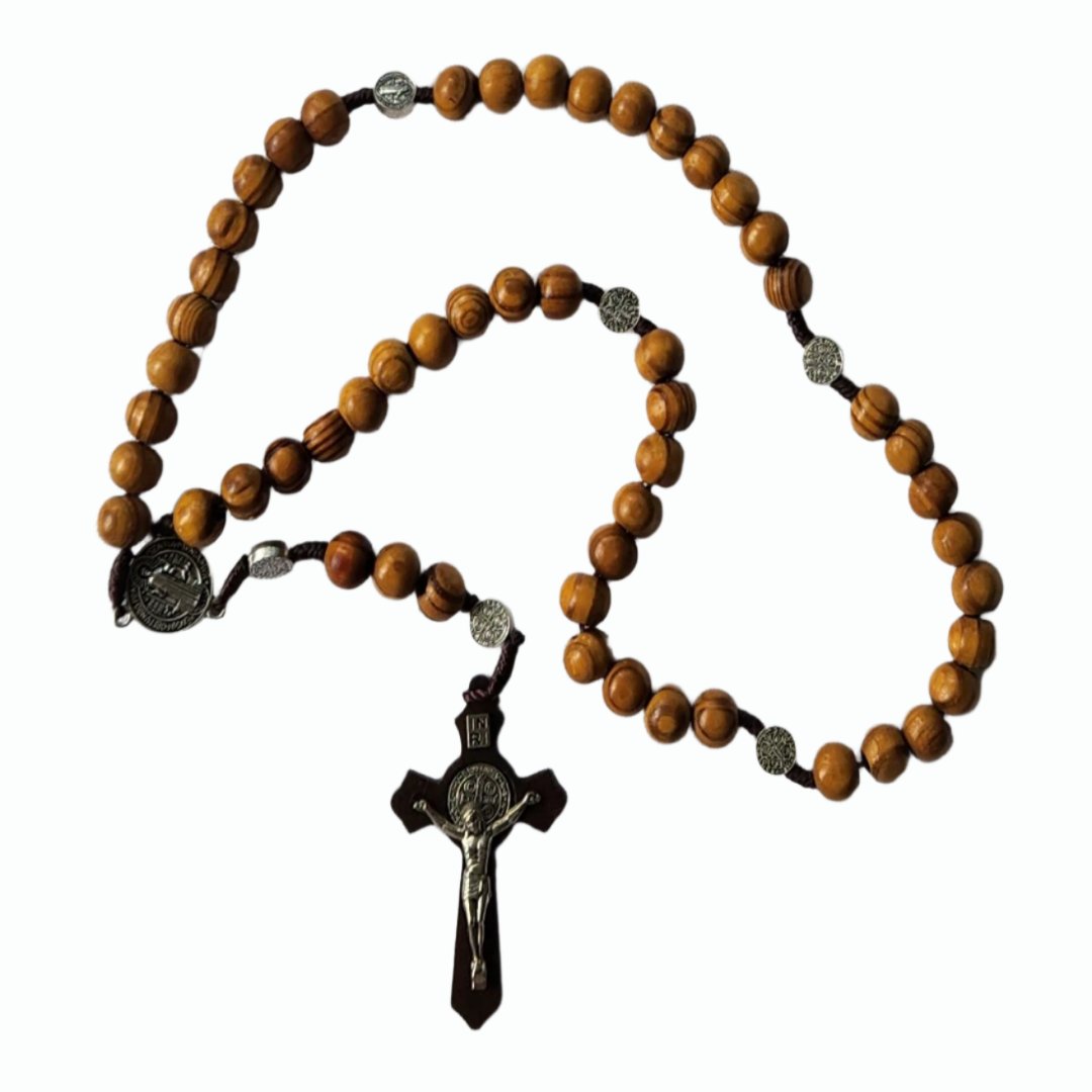 ROSARY IN CORD AND WOOD BEADS WITH ST BENEDICT MEDALS