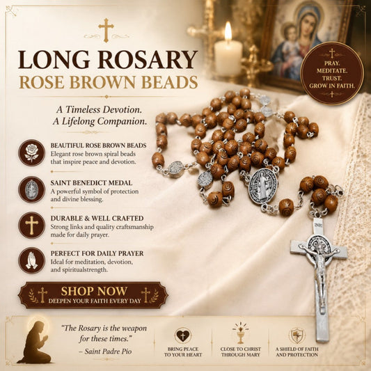 ROSE BROWN WOOD BEADS LONG ROSARY