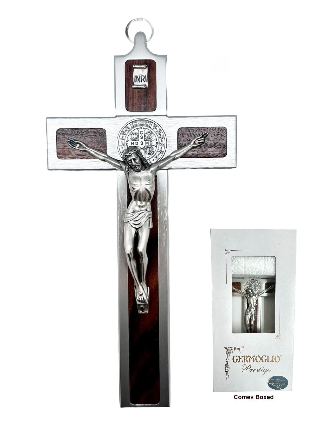 ST BENEDICT WOOD METAL CRUCIFIX - ROSEWOOD