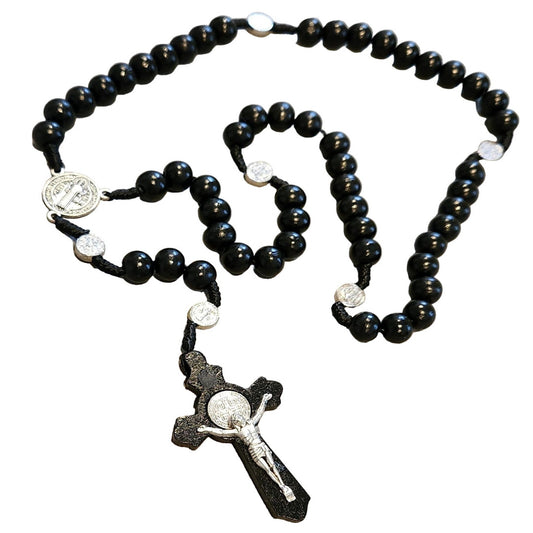 ROSARY IN CORD AND BLACK WOOD BEADS WITH ST BENEDICT MEDAL