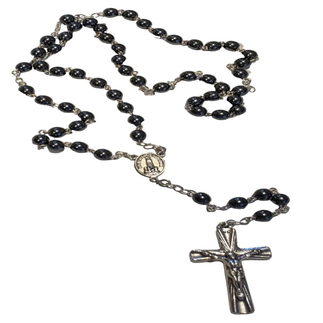 SILVER ROSARY WITH HEMATITE GEMSTONE BEADS