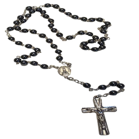 SILVER ROSARY WITH HEMATITE GEMSTONE BEADS