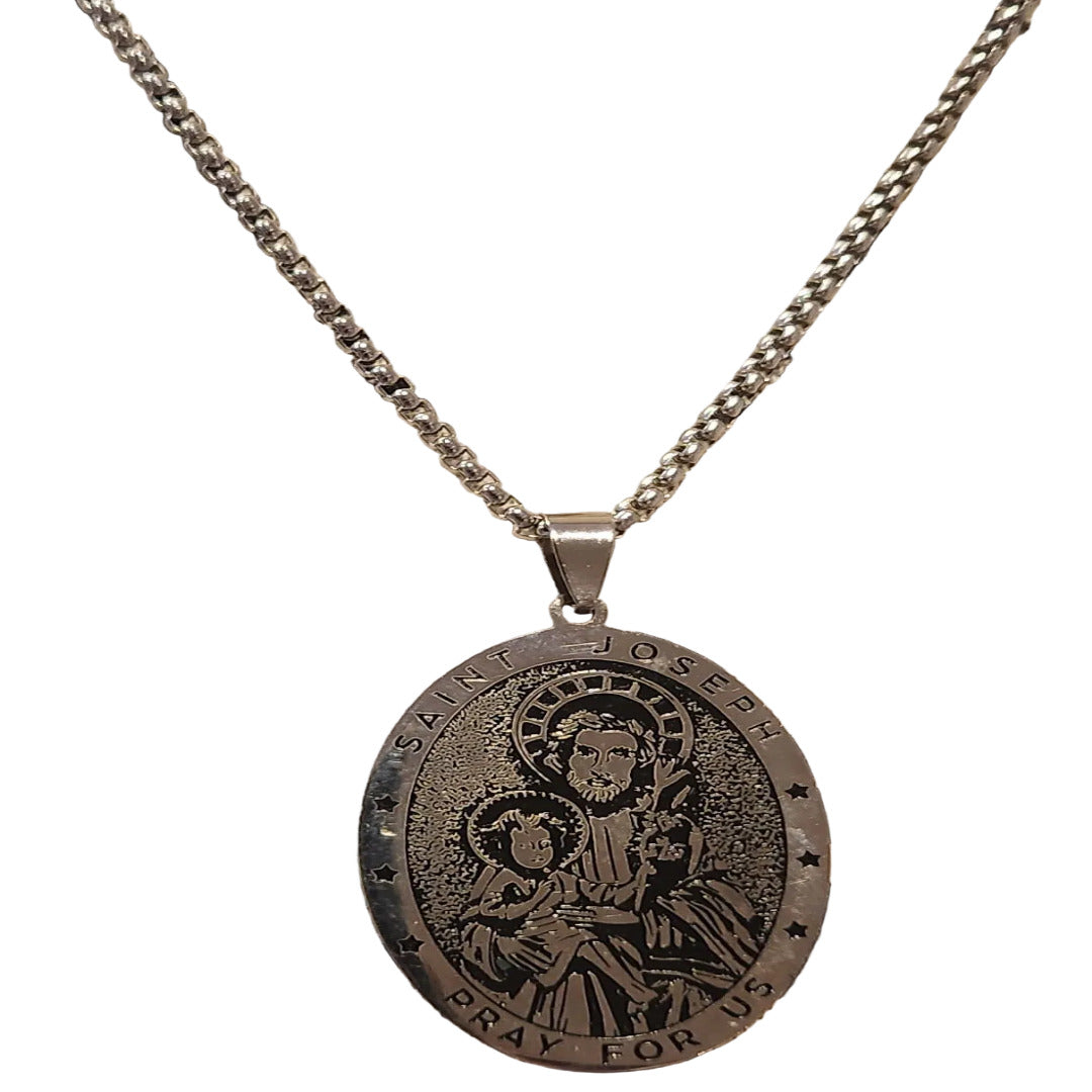 ST JOSEPH MEDAL SILVER METAL NECKLACE