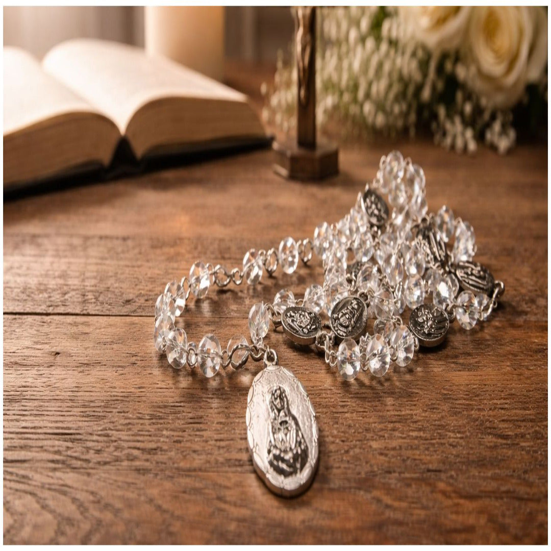 HANDMADE ROSARY IN SILVER CRYSTAL BEADS OF THE SEVEN DOLOURS OF OUR LADY  WITH PRAYER CARD