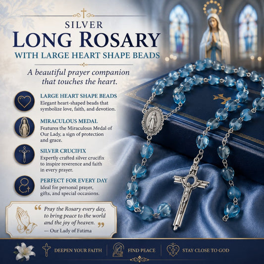 SILVER LONG ROSARY WITH LARGE BLUE HEART SHAPE BEADS