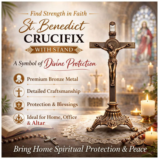 ST. BENEDICT CRUCIFIX WITH STAND IN BRONZE METAL 23CM