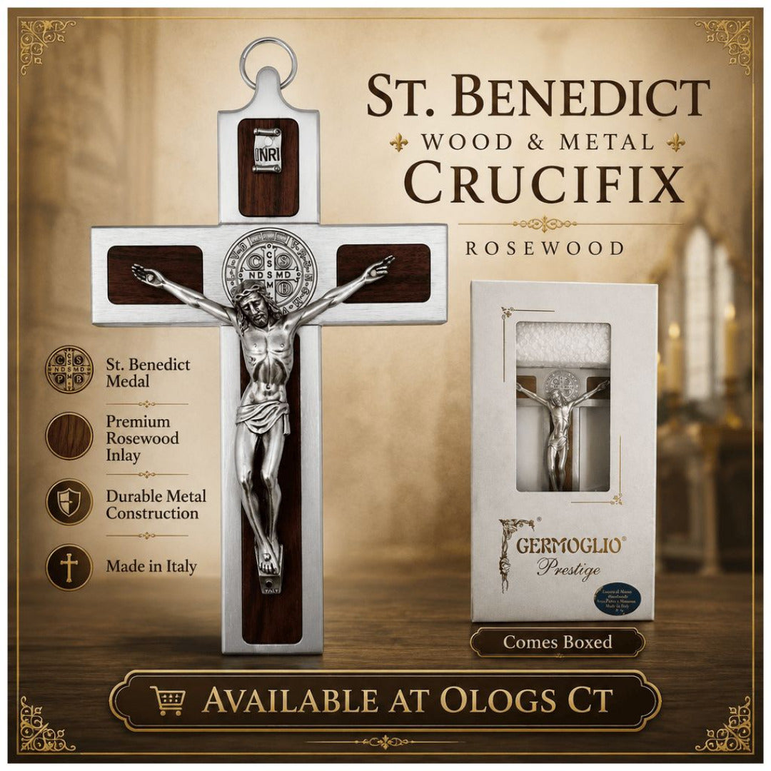 ST BENEDICT WOOD METAL CRUCIFIX - ROSEWOOD