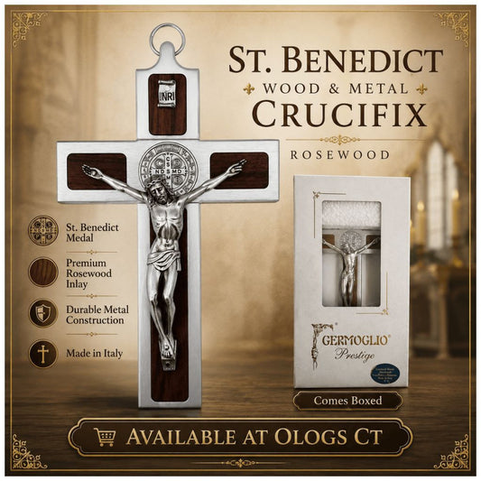 ST BENEDICT WOOD METAL CRUCIFIX - ROSEWOOD