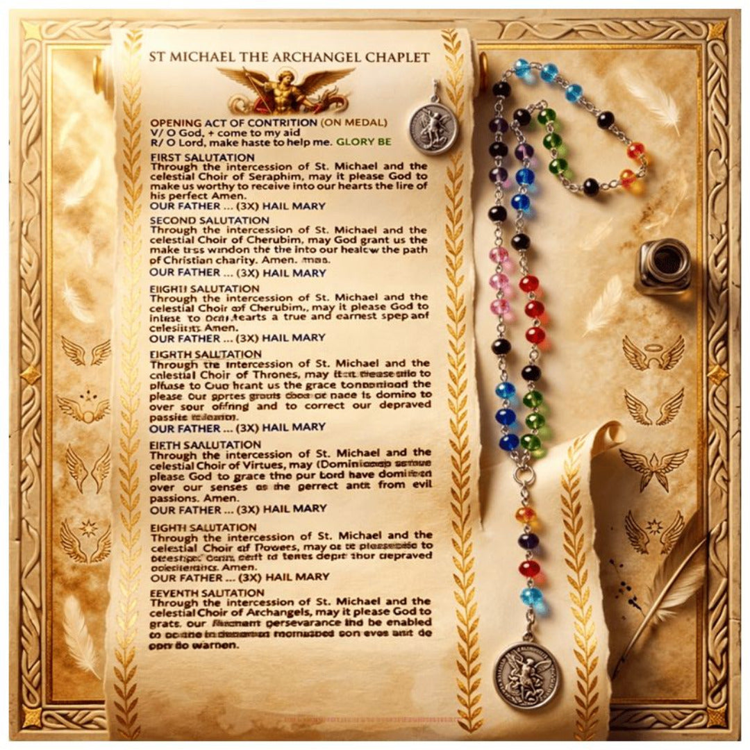 THE CHAPLET OF ST MICHAEL THE ARCHANGEL IN HANDMADE SILVER MULT-ICOLOUR BEADS ROSARY WITH PRAYER CARD 2